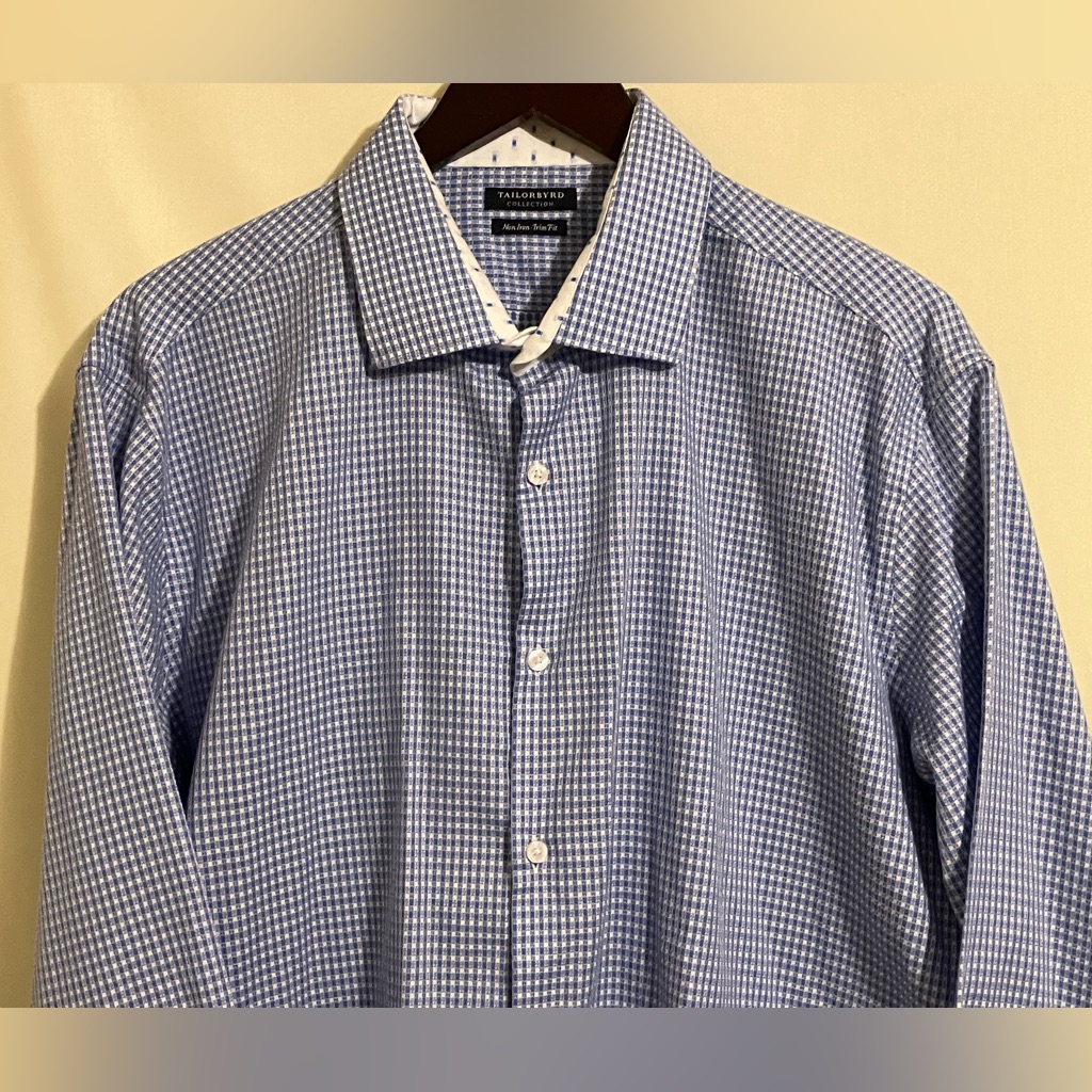 Tailorbyrd Men's Blue Check Flip Cuff Long Sleeve Button Up Shirt Size 17 1/2